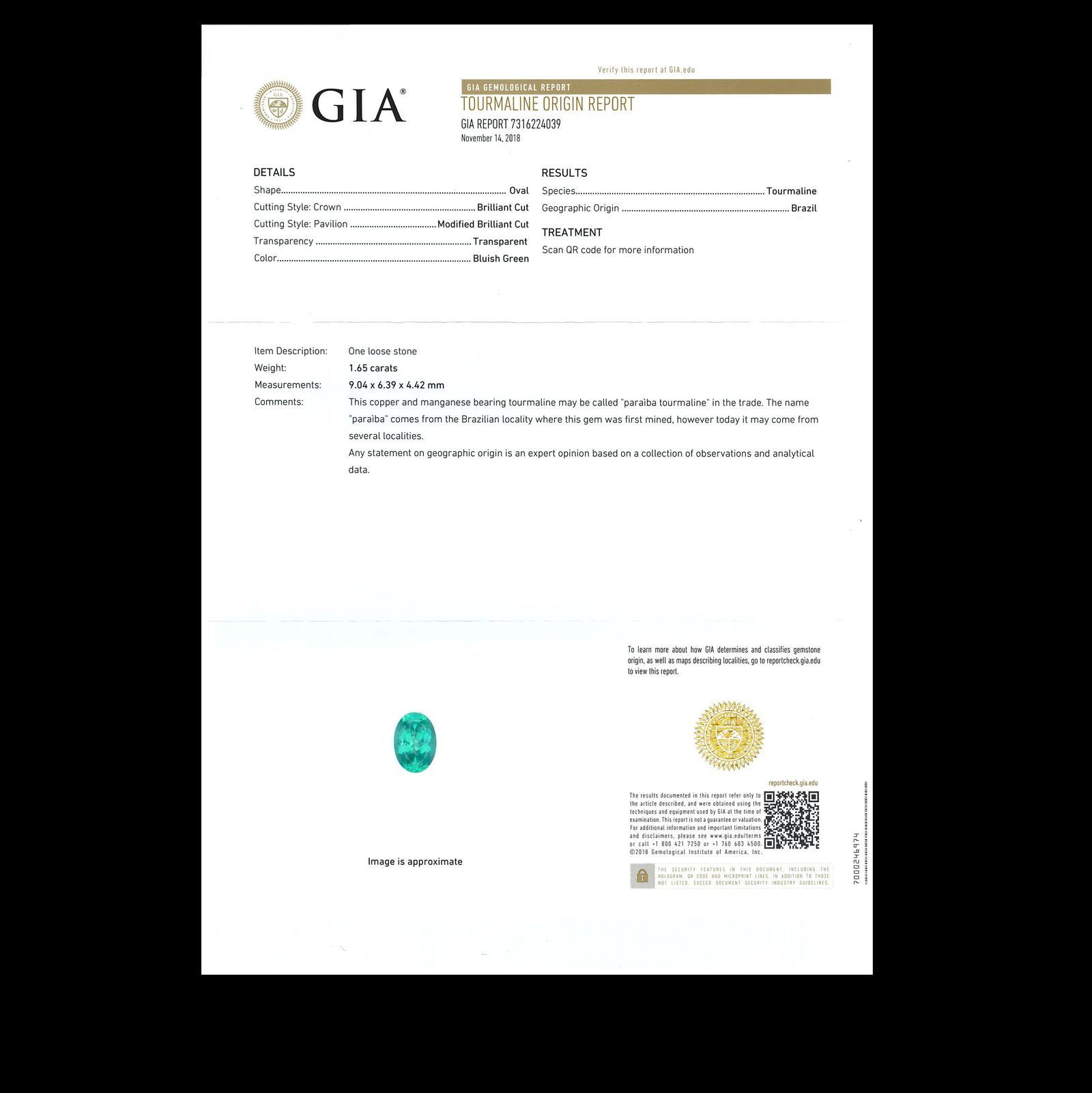 パライバトルマリン(宝石名トルマリン/別名パライバ・トルマリン) ブラジル産 GIA鑑付 1.65ct / 9.0×6.3mm前後 [19110905]