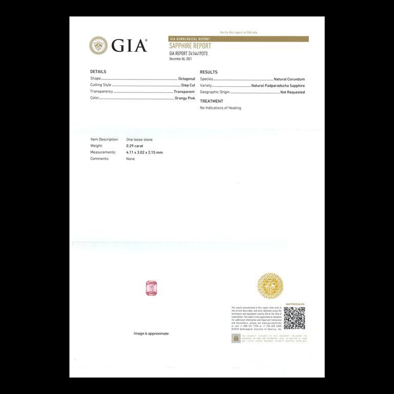パパラチャサファイア 非加熱(宝石名サファイア/別名パパラチャ・サファイア)スリランカ産 0.29ct GIA鑑付[230421635]4.11x3.02mm前後