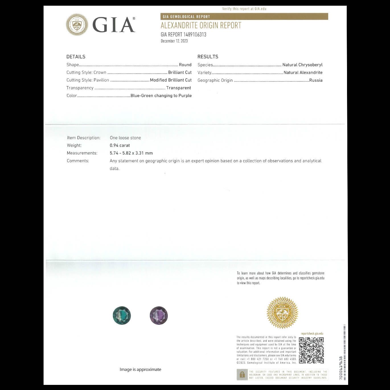 アレキサンドライト(宝石名アレキサンドライト)ロシア産 0.94ct GIA鑑付[250530411]5.74x5.82mm前後