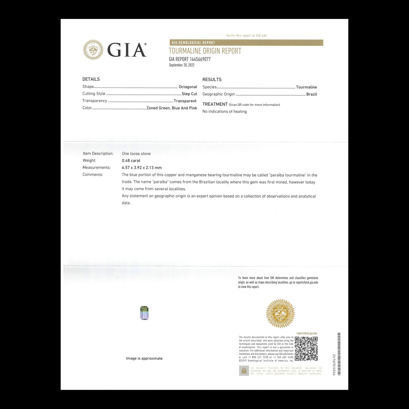 パーティカラーパライバトルマリン 非加熱(宝石名トルマリン/別名パライバ・トルマリン)ブラジル産 0.48ct GIA鑑付[230421904]6.57x3.92mm前後