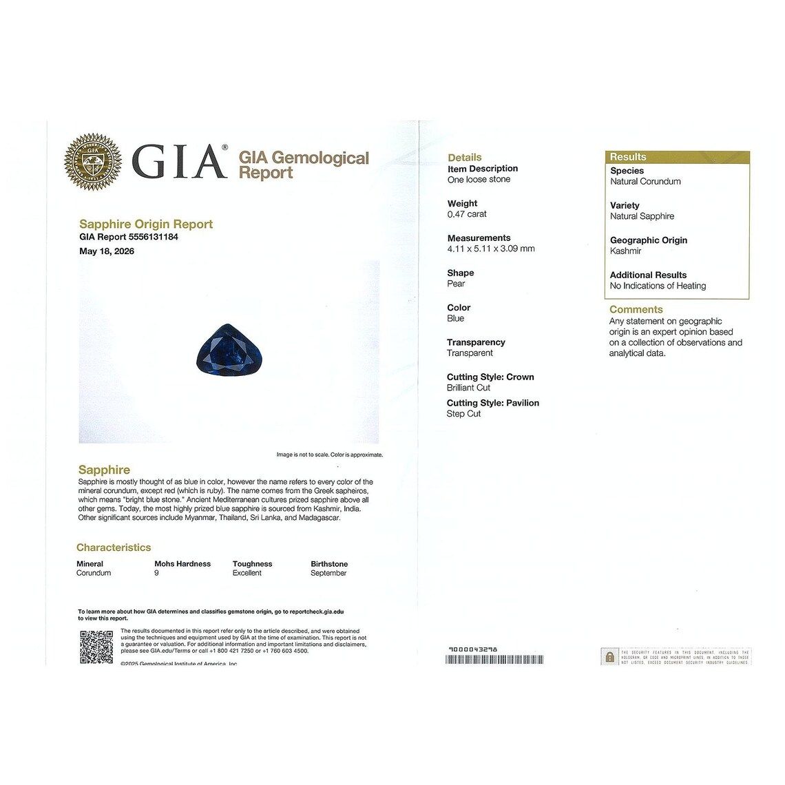 カシミールサファイア非加熱(宝石名サファイア)インド・カシミール地方産 GIA鑑付 0.47ct / 4.11x5.11mm前後 [260933202]