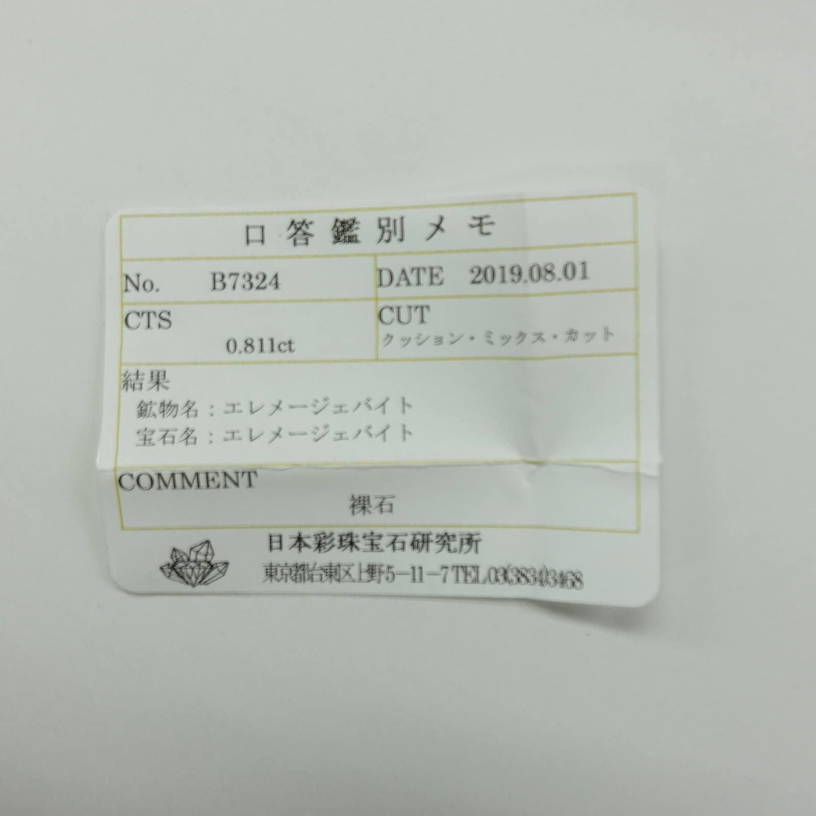 ジェレメジェバイト ナミビア産 ルース 0.81ct ソーティング付[19111489]5.4×5.4mm前後