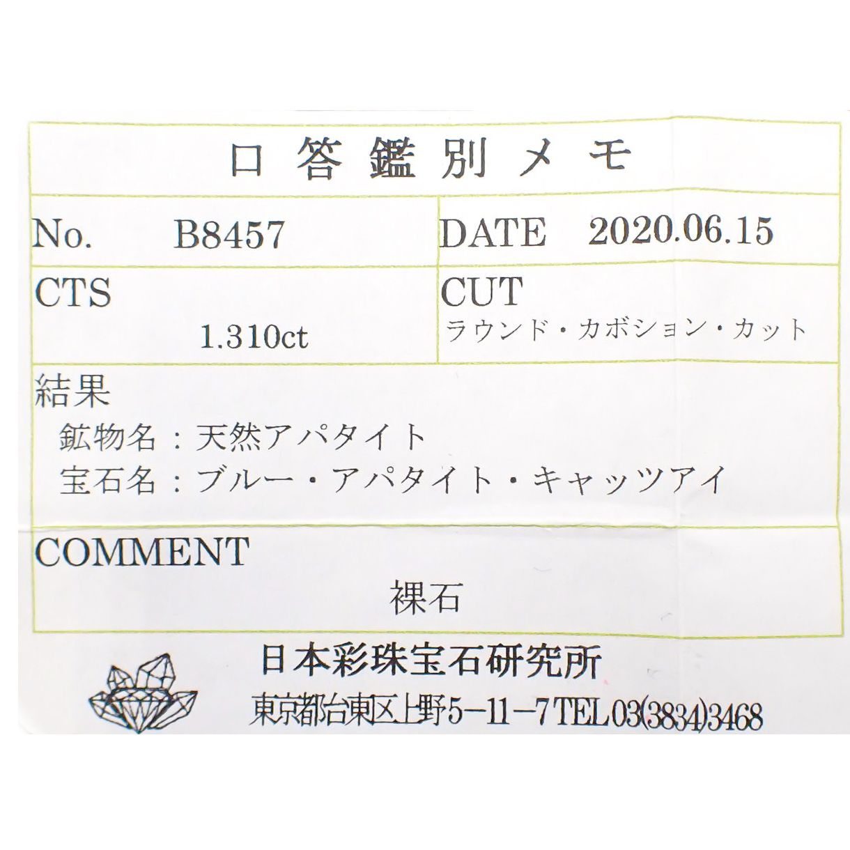アパタイトキャッツアイ(宝石名ブルー アパタイト・キャッツアイ)マダガスカル産 1.310ct ソ付(彩珠)[231023941]7.3x7.2mm前後