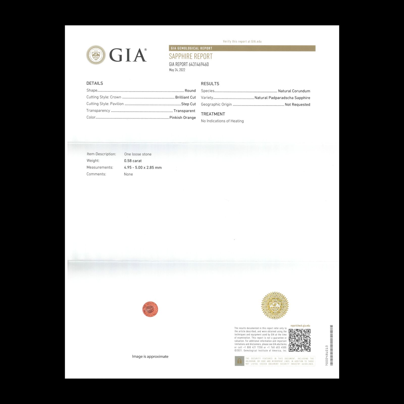 パパラチャサファイア 非加熱(宝石名サファイア/別名パパラチャ・サファイア)スリランカ/マダガスカル産 GIA鑑付 0.58ct / 4.95x5mm前後 [260131615]