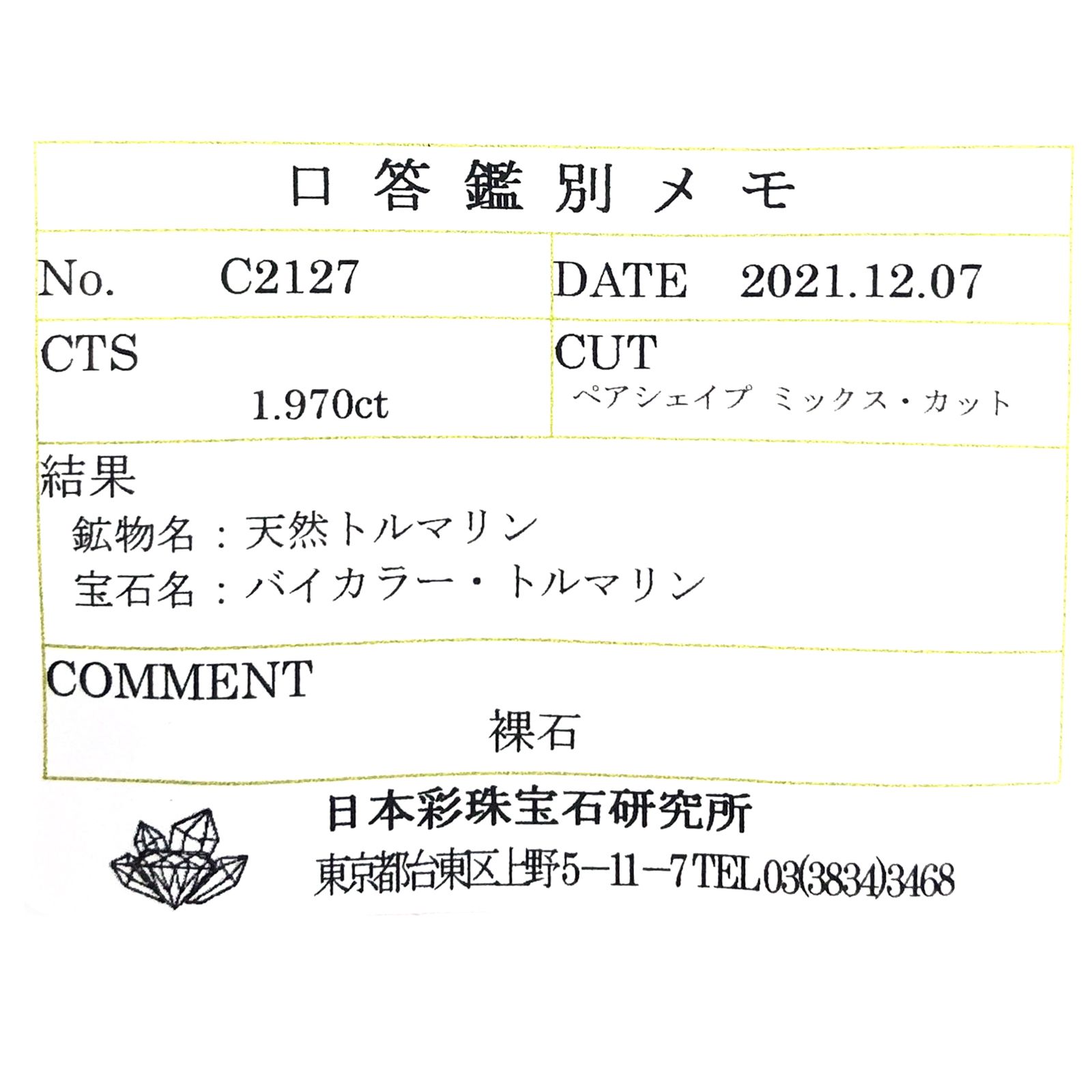バイカラートルマリン(宝石名バイカラー・トルマリン) コンゴ民主共和国産 1.970ct ソ付(彩珠)[211013602]10.2×7mm前後