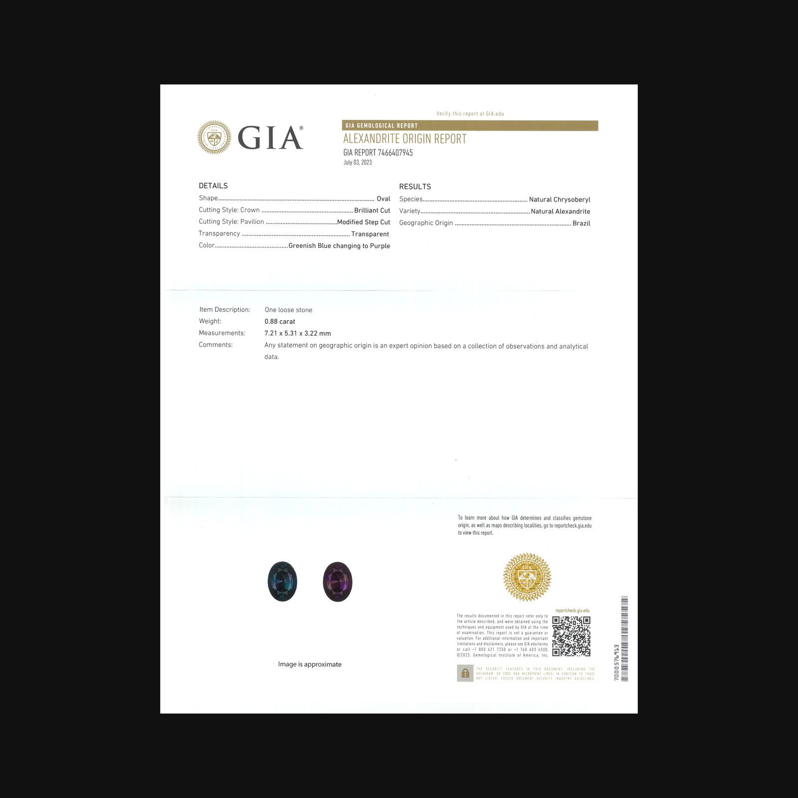 アレキサンドライト(宝石名アレキサンドライト)ブラジル産 GIA鑑付 0.88ct / 7.21x5.31mm前後 [260532227]