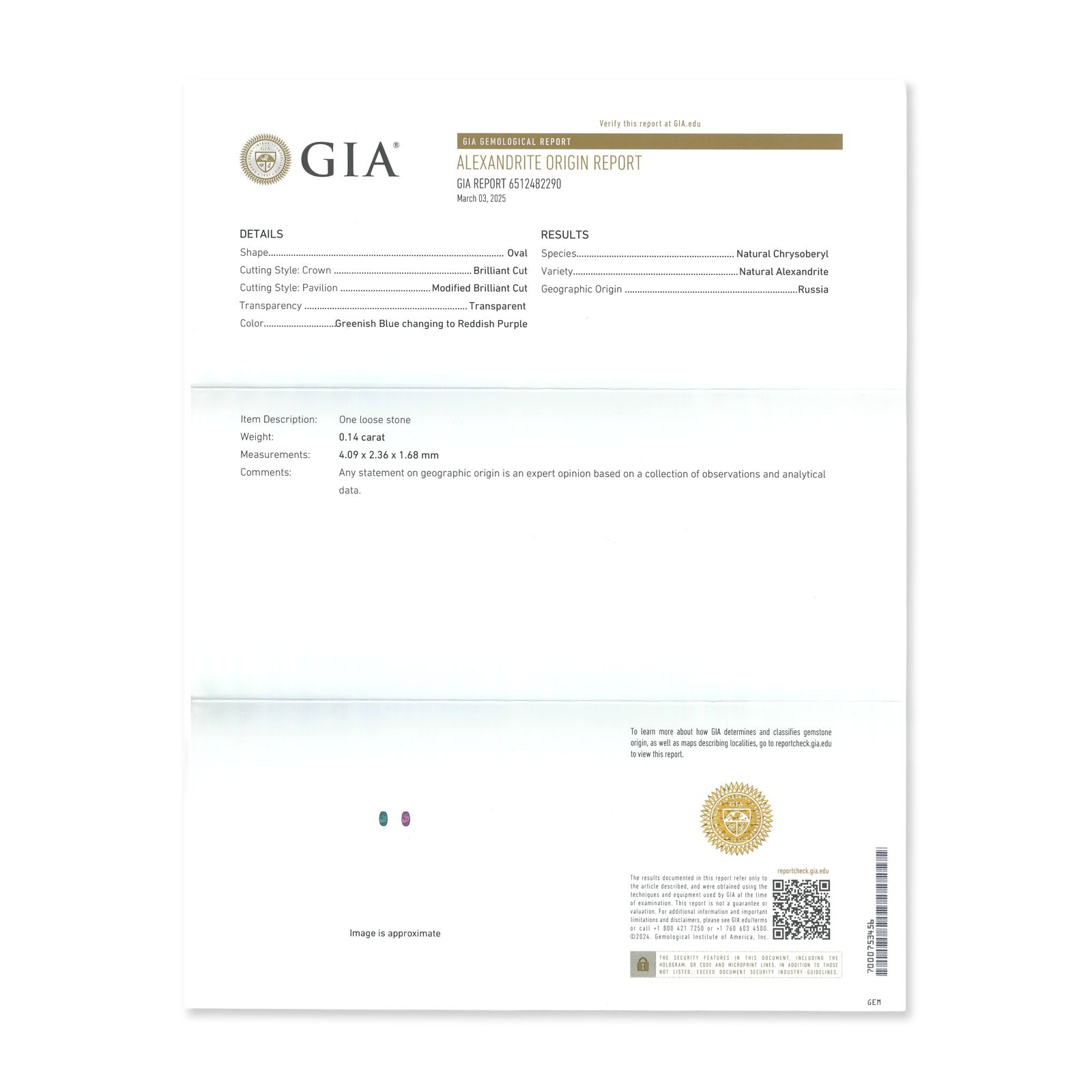 アレキサンドライト(宝石名アレキサンドライト)ロシア産 GIA鑑付 0.14ct / 4.09x2.36mm前後 [260131561]