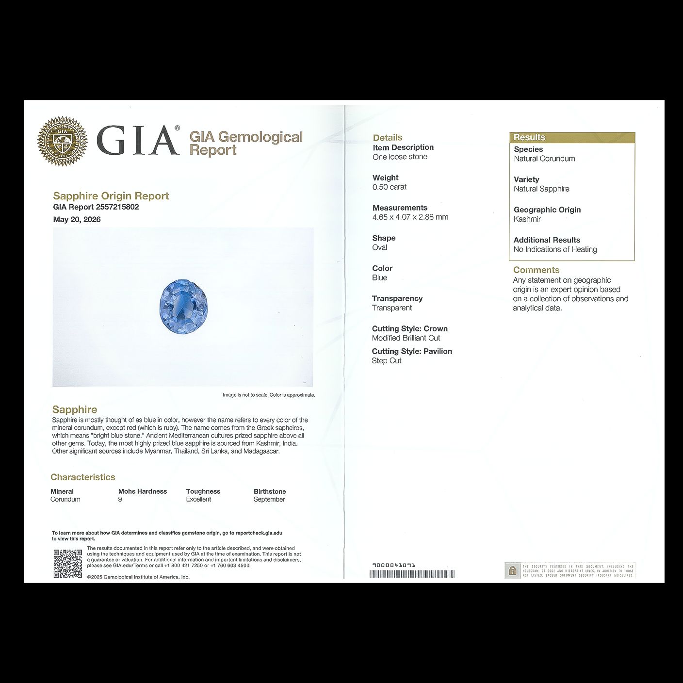 カシミールサファイア 非加熱(宝石名サファイア)インド・カシミール地方産 GIA鑑付 0.50ct / 4.65x4.07mm前後 [260832721]