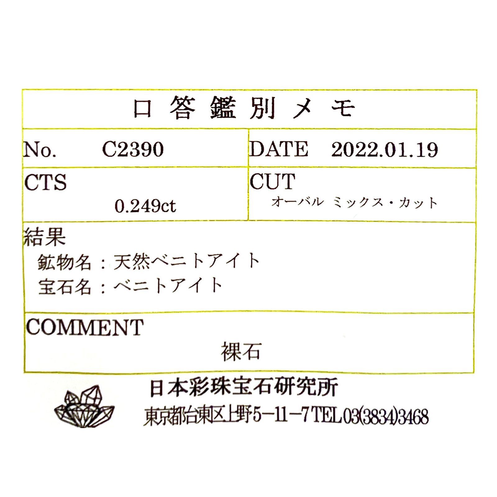 ベニトアイト(宝石名ベニトアイト) アメリカ・カリフォルニア州サンベニト産 0.249ct ソ付(彩珠)[210310213]4.9×3mm前後