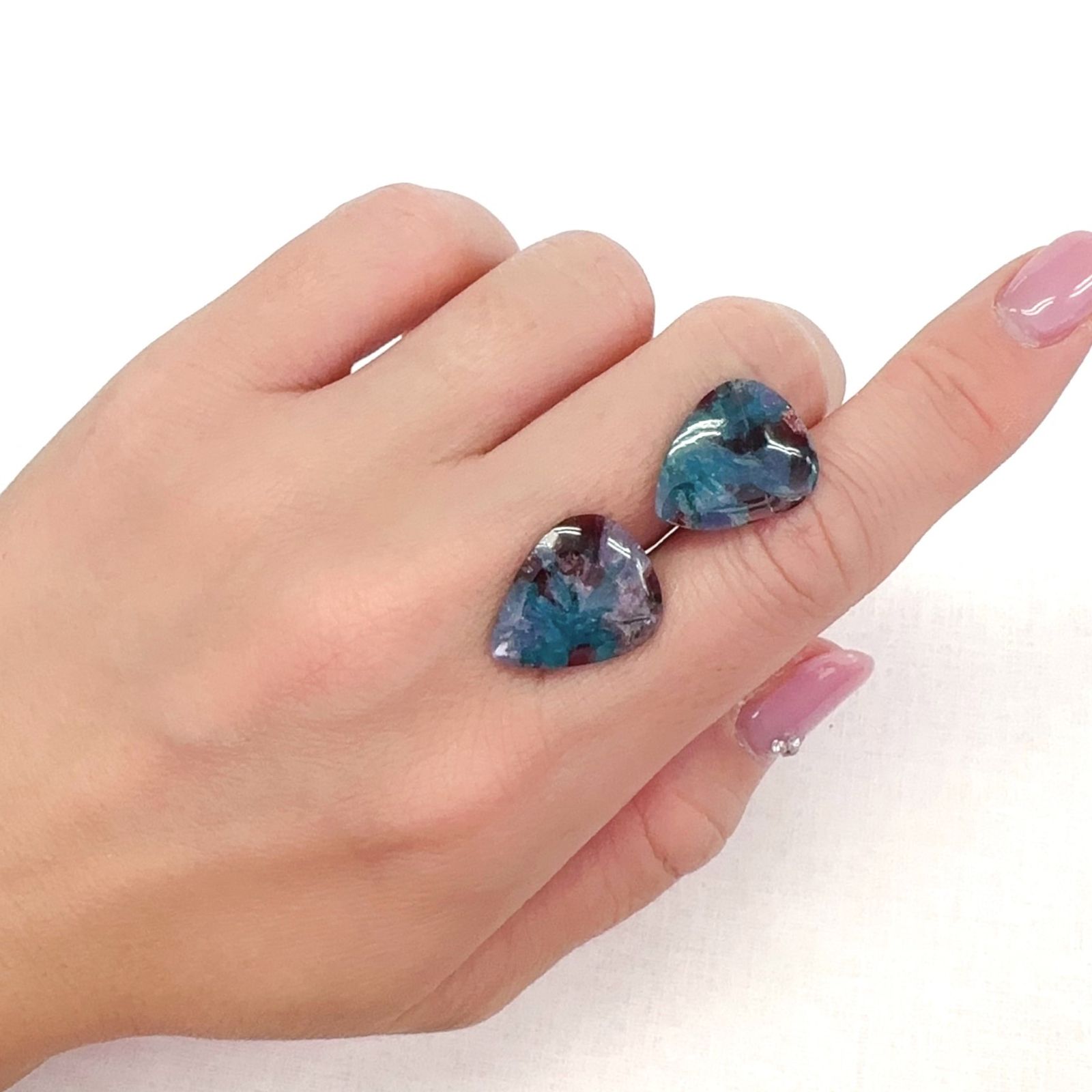 ◇リバーシブル・ペアセット◇バイカラーパライバトルマリンインクォーツ ブラジル産 14.37ct(2pcs合計)[231224452]17.8-18.0x14.2-14.4mm前後