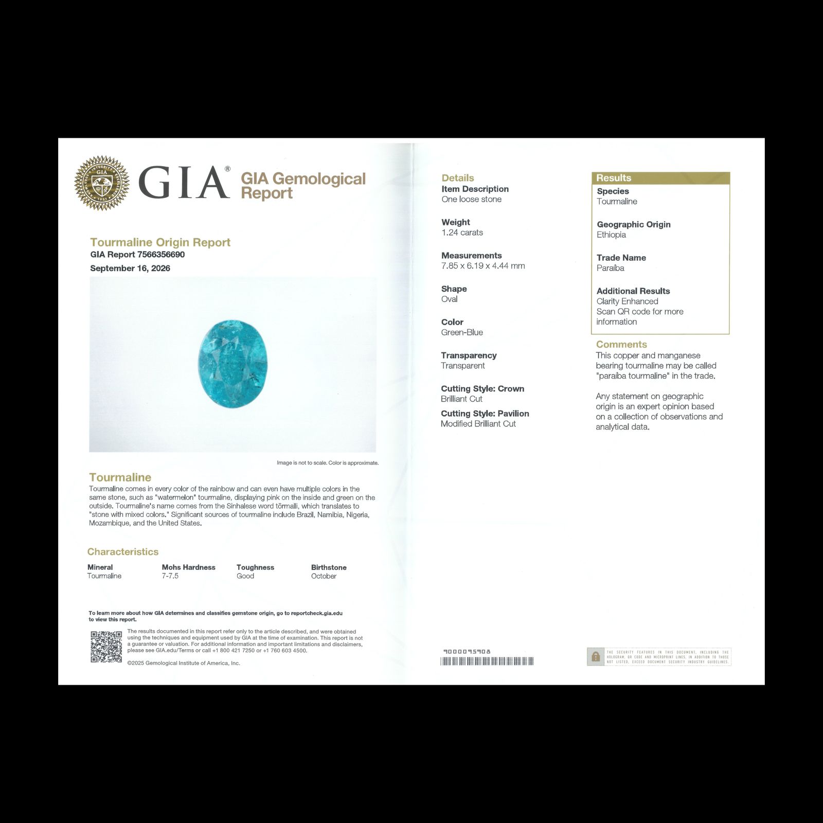 パライバトルマリン(宝石名トルマリン/別名パライバ・トルマリン)エチオピア産 GIA鑑付 1.24ct / 7.85x6.19mm前後 [260933198]
