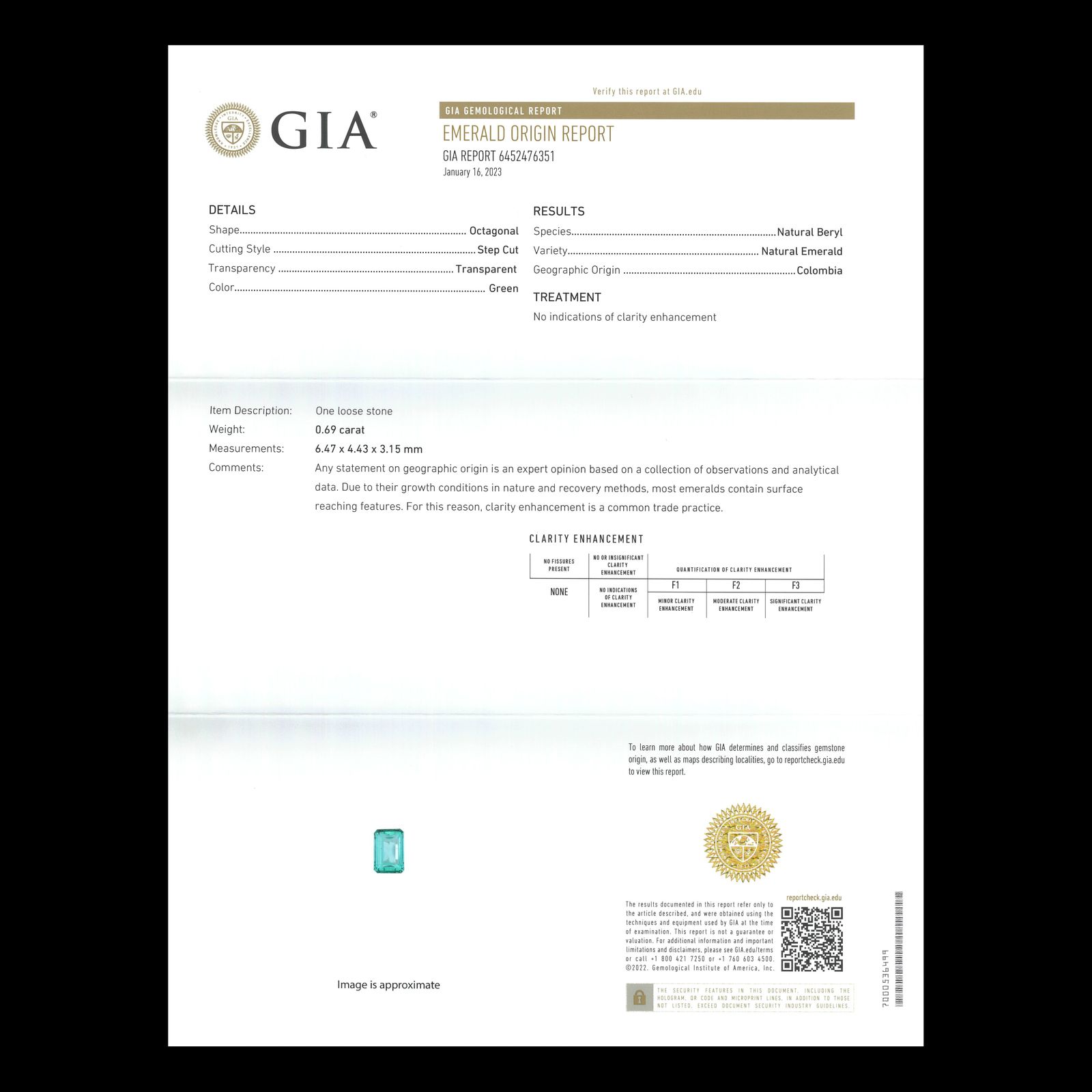 ノンオイルエメラルド(宝石名エメラルド)コロンビア産 0.69ct GIA鑑付[230823282]6.47x4.43mm前後