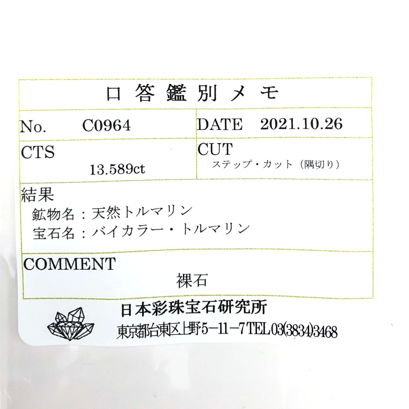 バイカラートルマリン(宝石名バイカラー・トルマリン)ブラジル産 13.589ct ソ付(彩珠)[220717190]15.8x12.6mm前後