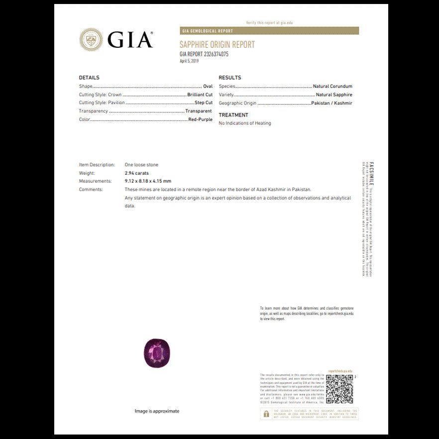 パープルサファイア 非加熱(宝石名サファイア)パキスタン・カシミール産 2.94ct GIA鑑付[221018936]9.12x8.18mm前後