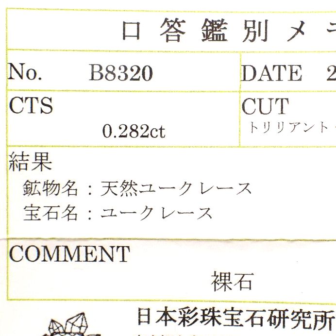 ユークレース ブラジル産 ルース 0.282ct ソーティング付き[20106485]4.4×4.4mm前後