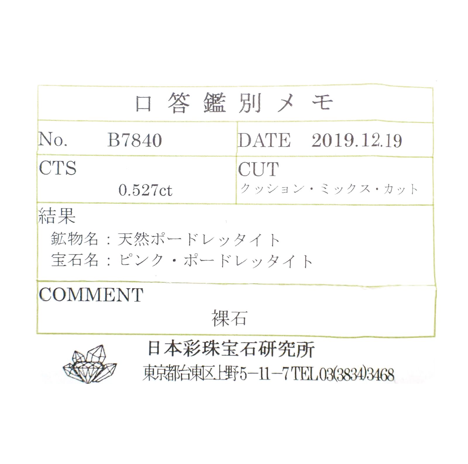 ピンクポードレッタイト(宝石名ピンク・ポードレッタイト)ビルマ産 ソ付(彩珠) 0.527ct / 5.5x5.3mm前後 [231023811]