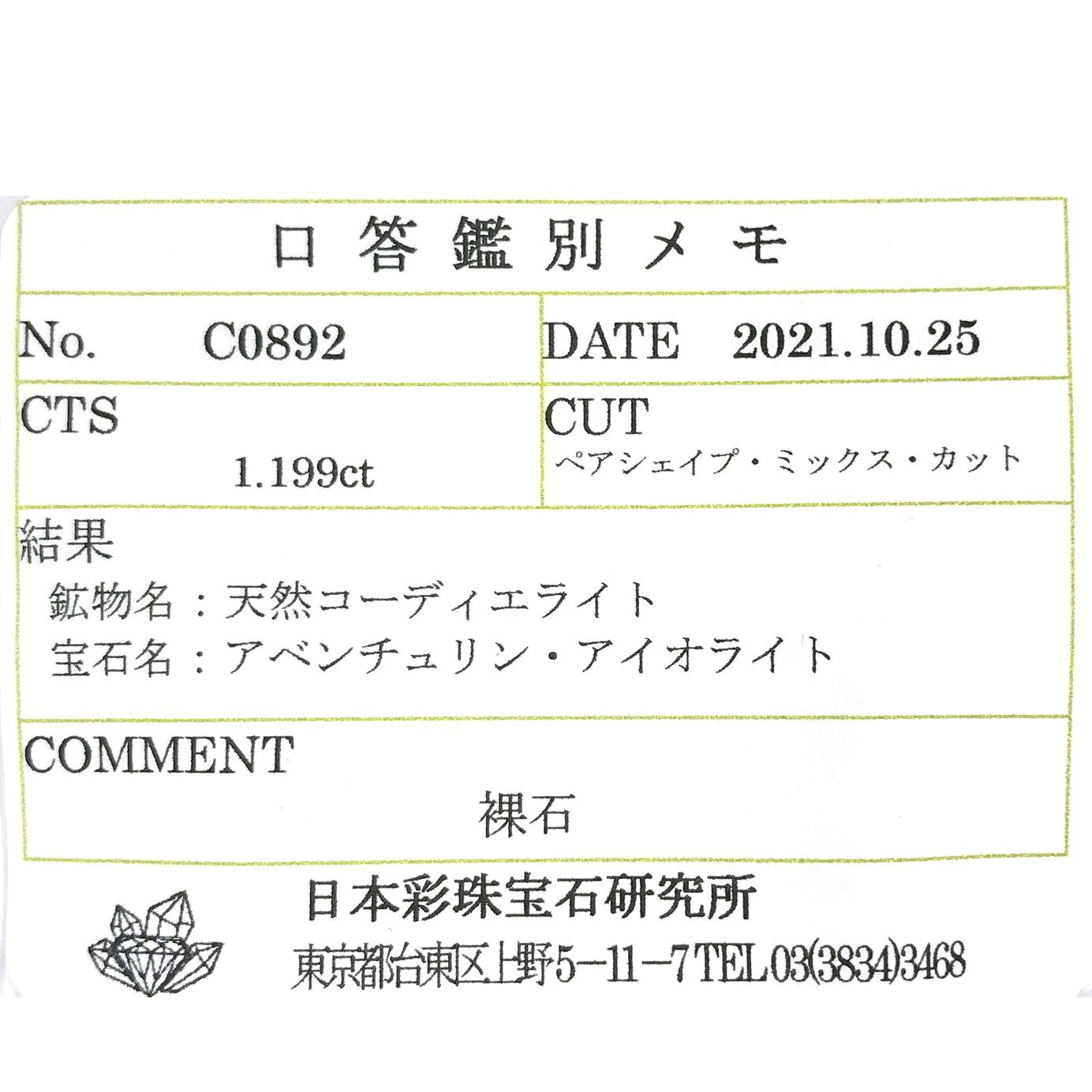 ブラッドショットアイオライト(宝石名アベンチュリン・アイオライト) インド/ブラジル産 1.199ct ソ付(彩珠)[240212393]8.9×6.4mm前後