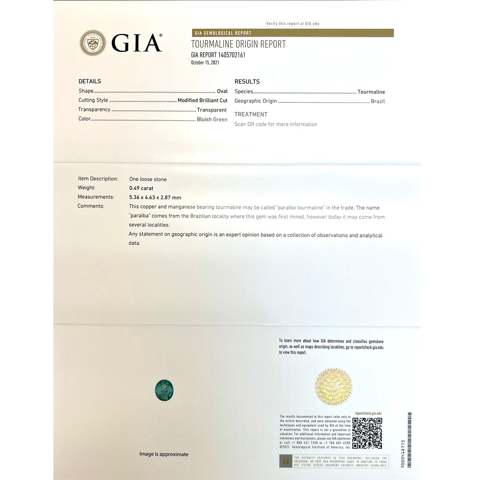 パライバトルマリン(宝石名トルマリン/別名パライバ・トルマリン)ブラジル・パライバ州バターリャ鉱山産 0.49ct GIA鑑付[221018800]5.3x4.6mm前後