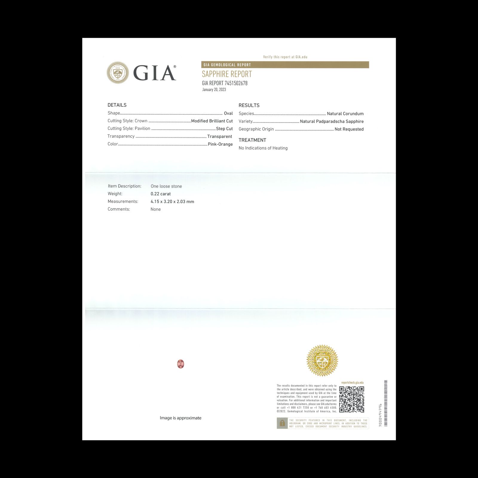 パパラチャサファイア 非加熱(宝石名サファイア/別名パパラチャ・サファイア)スリランカ産 0.22ct GIA鑑付[230521938]4.15x3.2mm前後