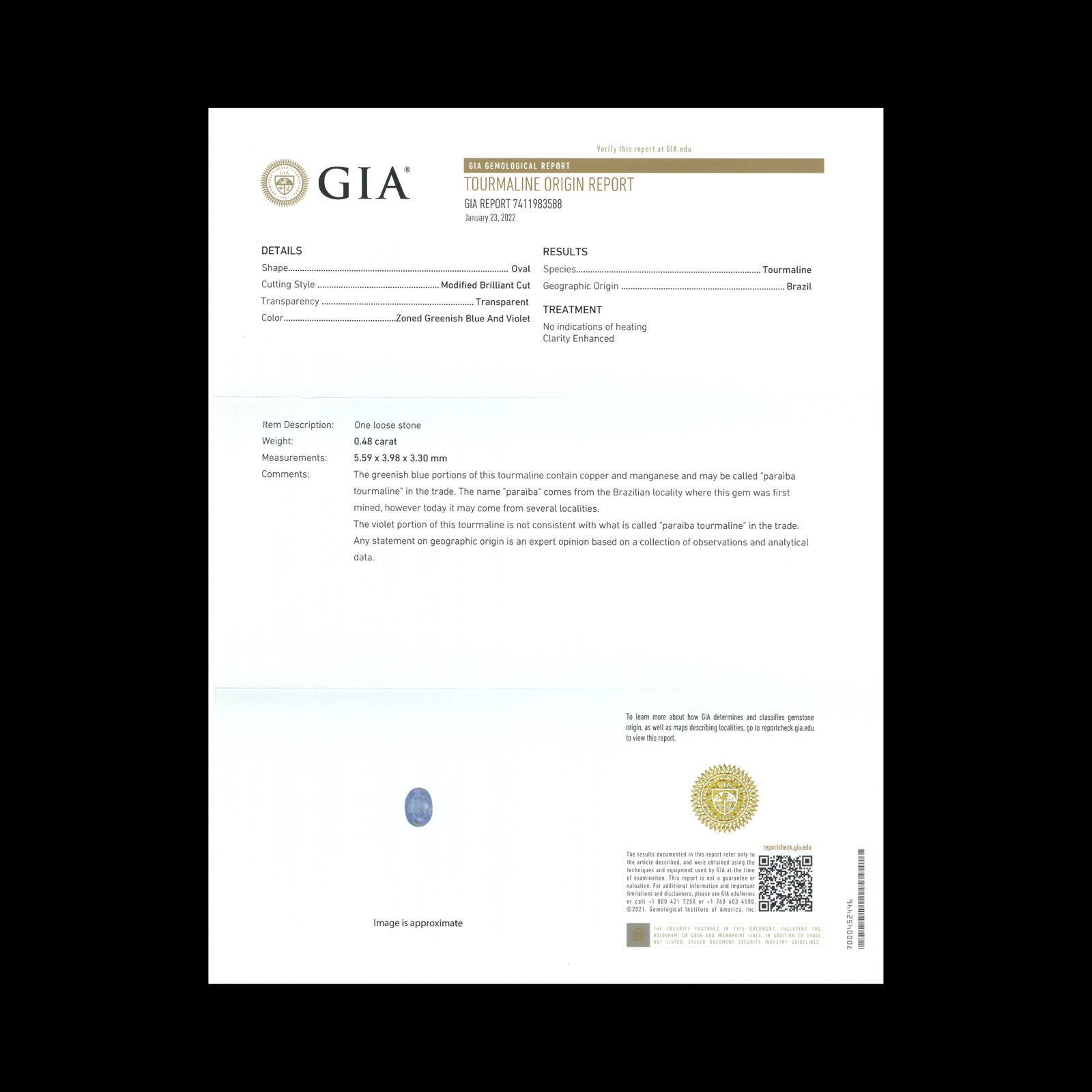 バイカラーパライバトリマルン 非加熱(宝石名トルマリン/別名パライバ・トルマリン)ブラジル産 0.48ct GIA鑑付[231224813]5.59x3.98mm前後