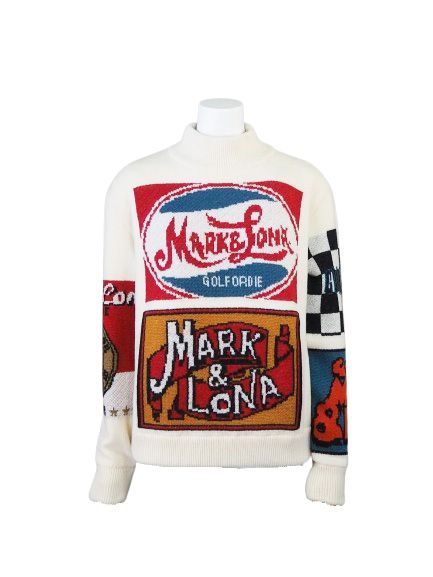 超美品】マークアンドロナ セーター 黒×白 ロゴパール 裏地付 ニット 