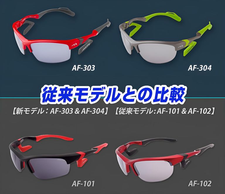 従来品との比較
旧モデルのAF-101/102と新型AF-303/304と違いがわかりにくいかもしれません。
ですが、AF-303/304はこんなにも大幅な進化！より掛けやすく快適なサングラスになっています！