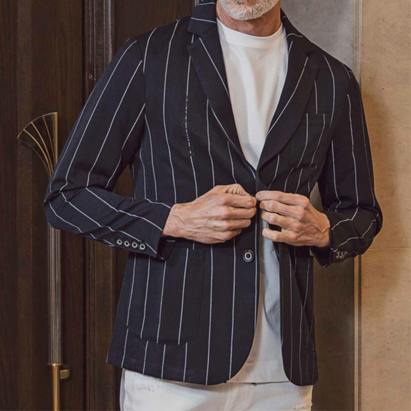 ピンストライプ ロゴ ジャケット | ストレッチ アウター | NAVY×BLACK ネイビー×ブラック