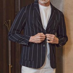 ピンストライプ ロゴ ジャケット | ストレッチ アウター | NAVY×BLACK ネイビー×ブラック