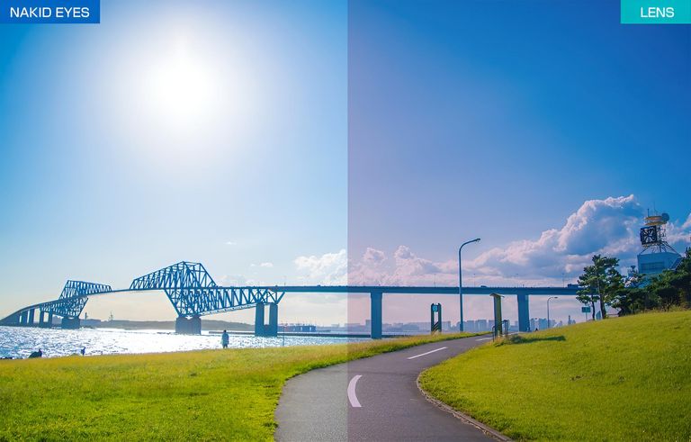 ハイコントラストレンズのブルーピンクミラー。風景がくっきりと浮かび上がってくるようで視界が見えやすくなります。ベースカラーに表側にブルーミラーがコートされており、ミラーコートが余分なギラツキを抑えるとともに、裏面には反射防止コート(ARコート)が写り込みを防止してチラつきを抑えます。