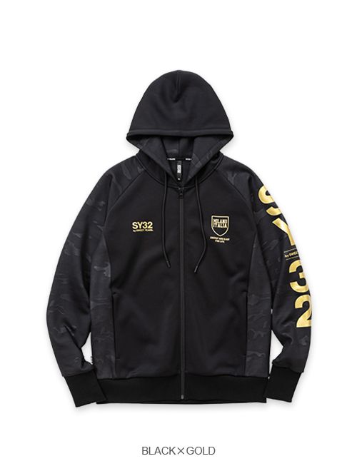 DOUBLE KNIT EMBOSS CAMO SHIELD LOGO ZIP HOODIE | パーカー | ブラック＆ゴールド | メンズ | ゴルフウェア