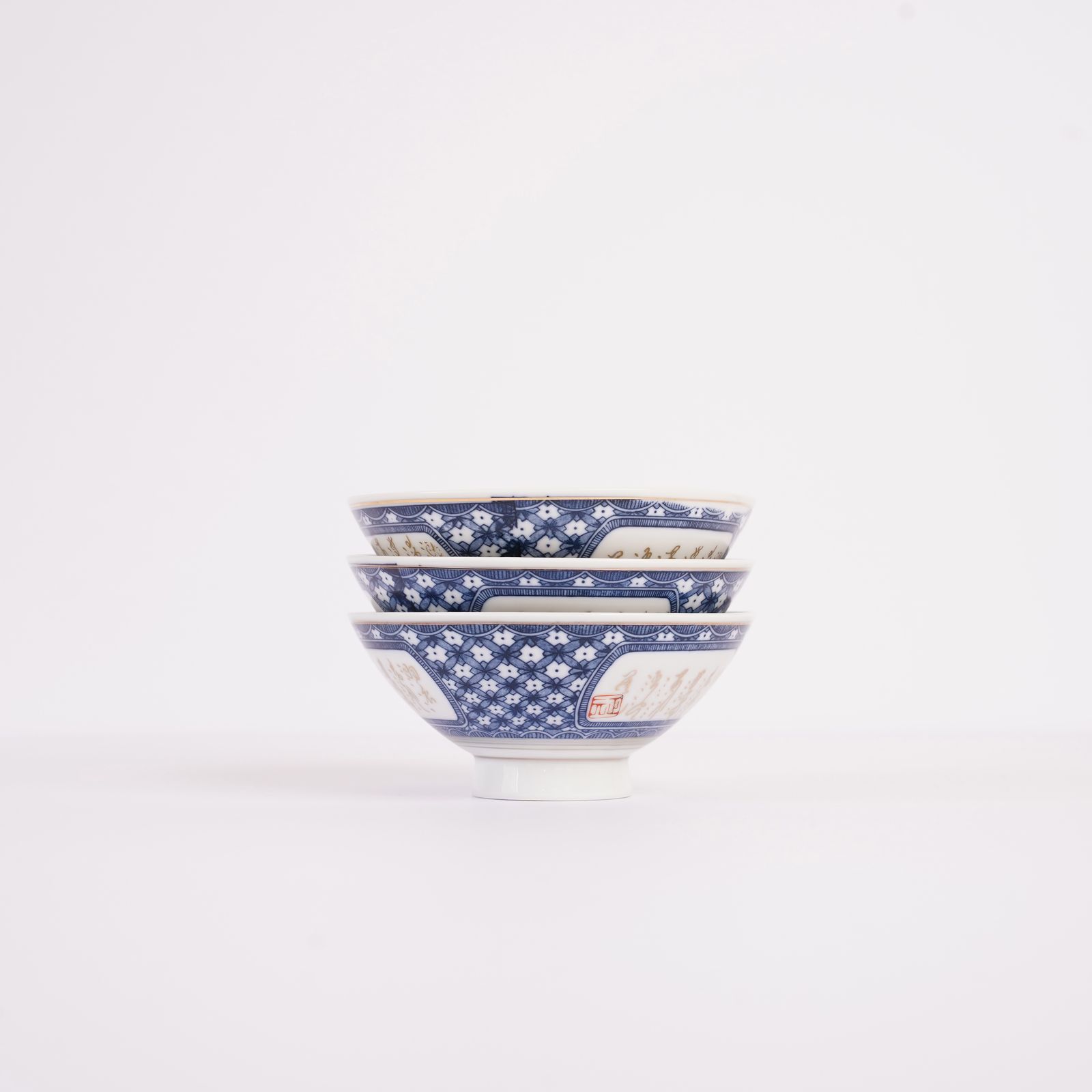 花菱の祥瑞 (しょんずい) と漢詩 ご飯茶碗 3個セット