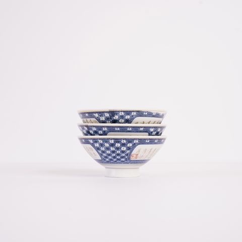 花菱の祥瑞 (しょんずい) と漢詩 ご飯茶碗 3個セット