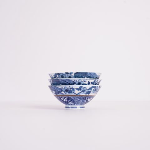 二色の藍色と梅の花 ご飯茶碗 3個セット