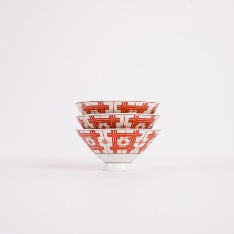 朱色の絣 (かすり) 模様 ご飯茶碗 3個セット