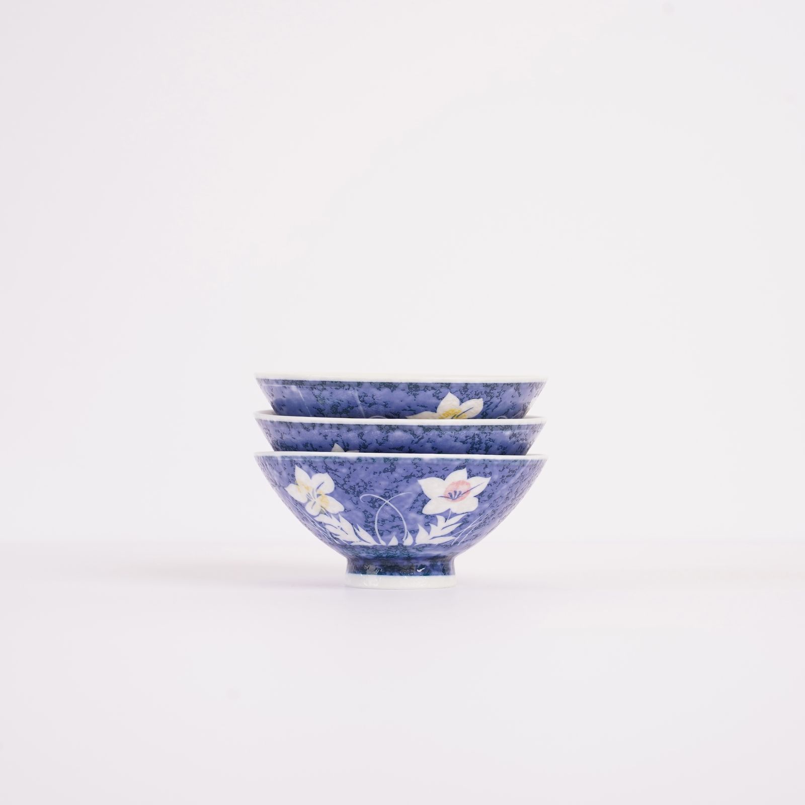 藍色に白の桔梗 ご飯茶碗 3個セット