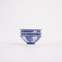 藍色に白の桔梗 ご飯茶碗 3個セット