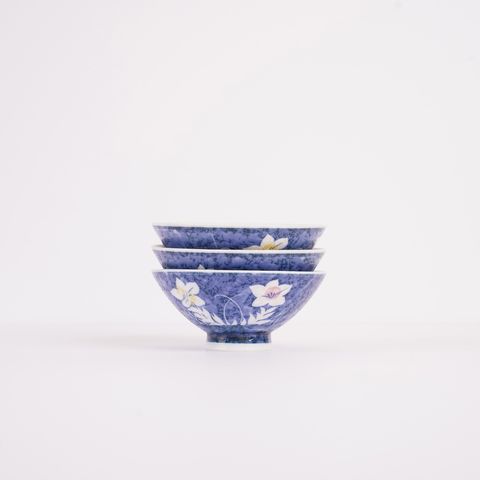 藍色に白の桔梗 ご飯茶碗 3個セット